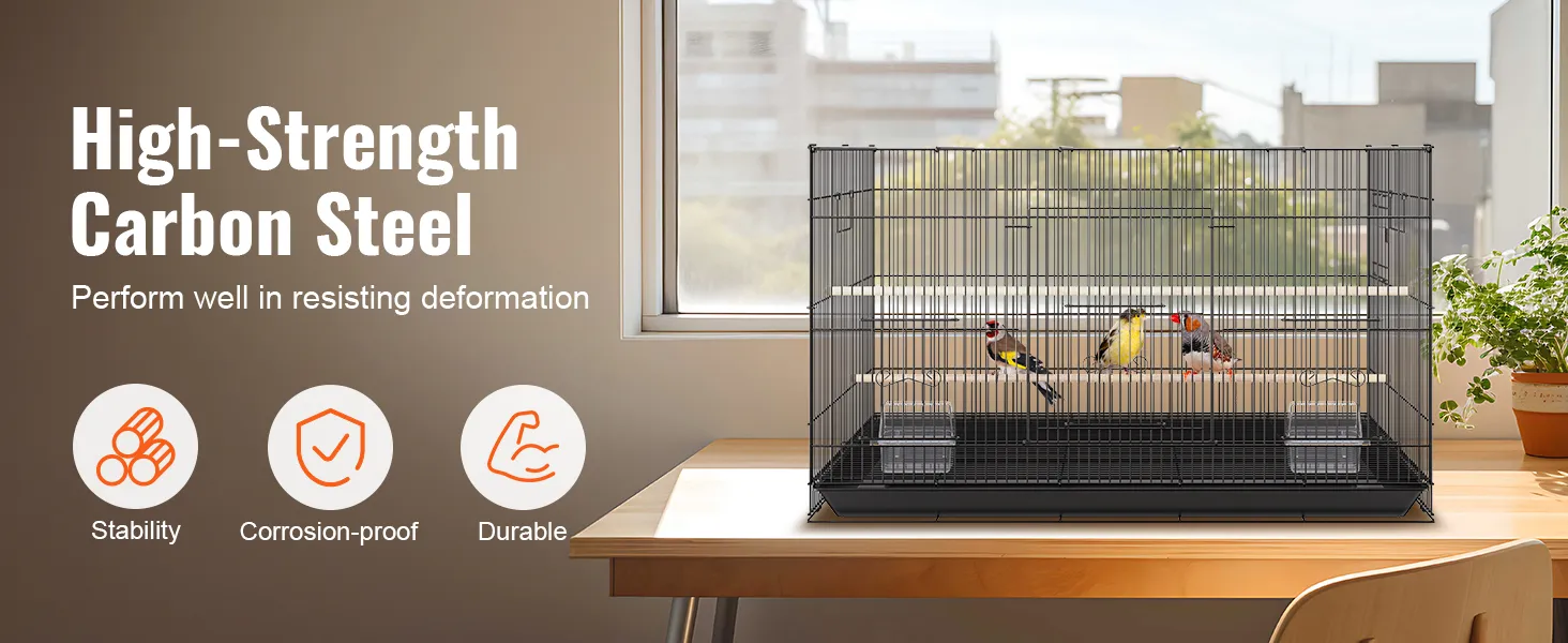 high-strength carbon steel VEVOR bird cage on a wooden table, with three birds inside and stability icons.