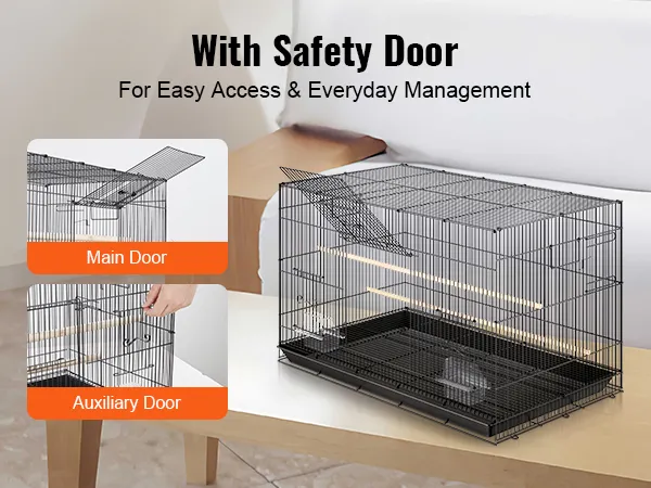 VEVOR bird cage with safety door, main door for entry, and auxiliary door for feeding and water changes.