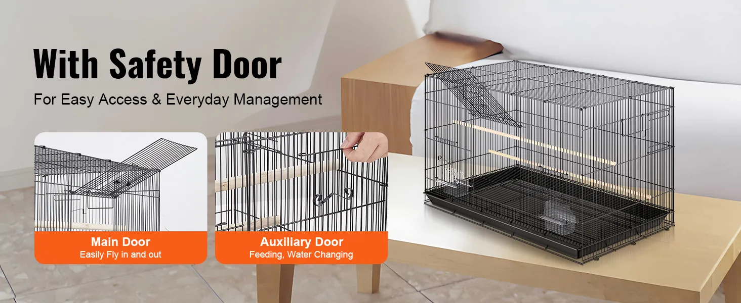 VEVOR bird cage with safety door, main door for entry, and auxiliary door for feeding and water changes.