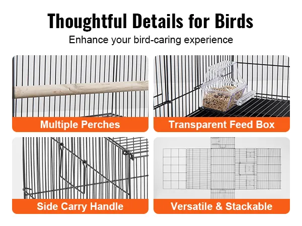multiple perches, transparent feed box, side carry handle, versatile and stackable features in VEVOR bird cage.