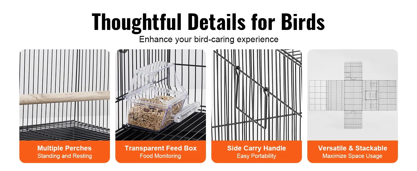 multiple perches, transparent feed box, side carry handle, versatile and stackable features in VEVOR bird cage.
