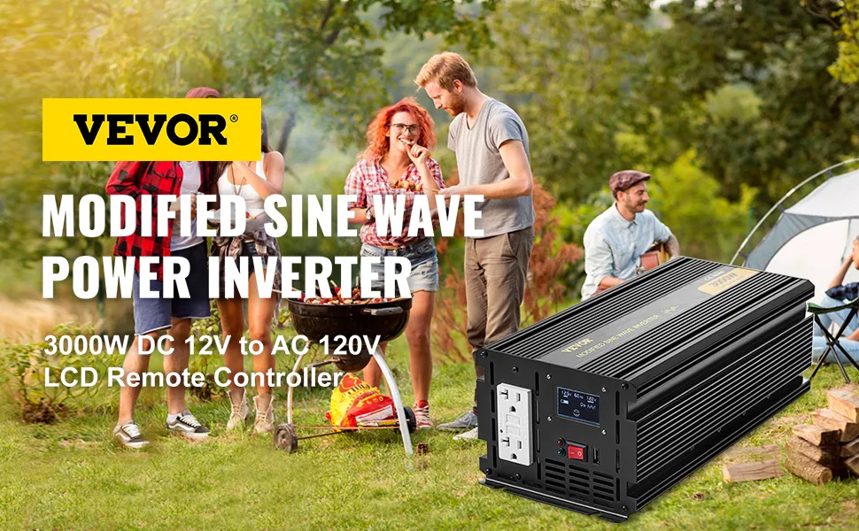 Inversor de corriente VEVOR 3000w, 12v a 120v, controlador lcd, escena de camping.