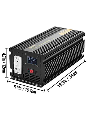 Inversor de corriente VEVOR 3000w con dos salidas de CA, pantalla LED y dimensiones.