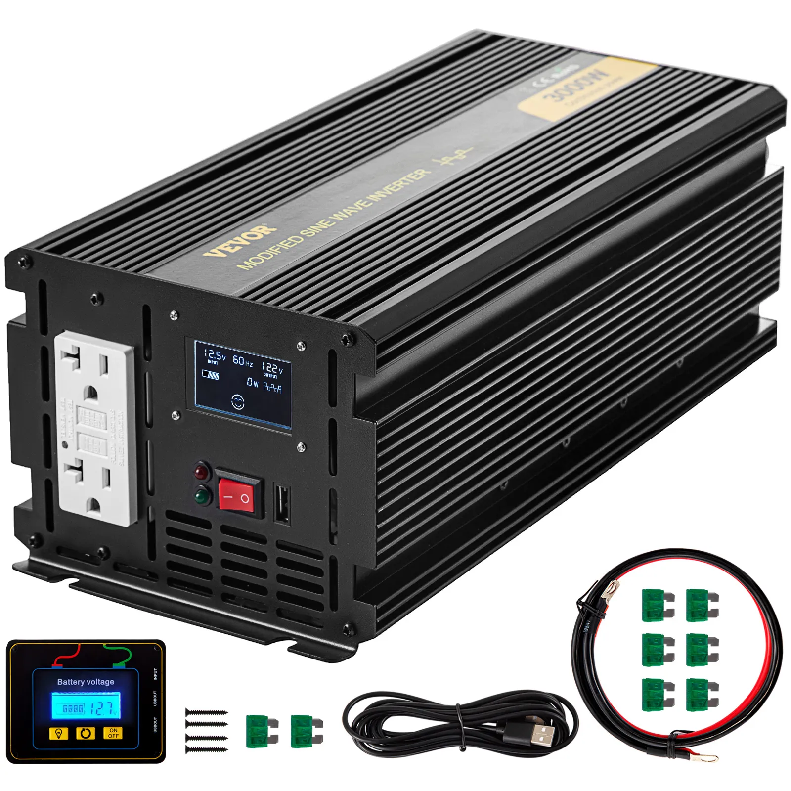 Inversor de corriente VEVOR 3000w con pantalla lcd, enchufes, cables y conectores.
