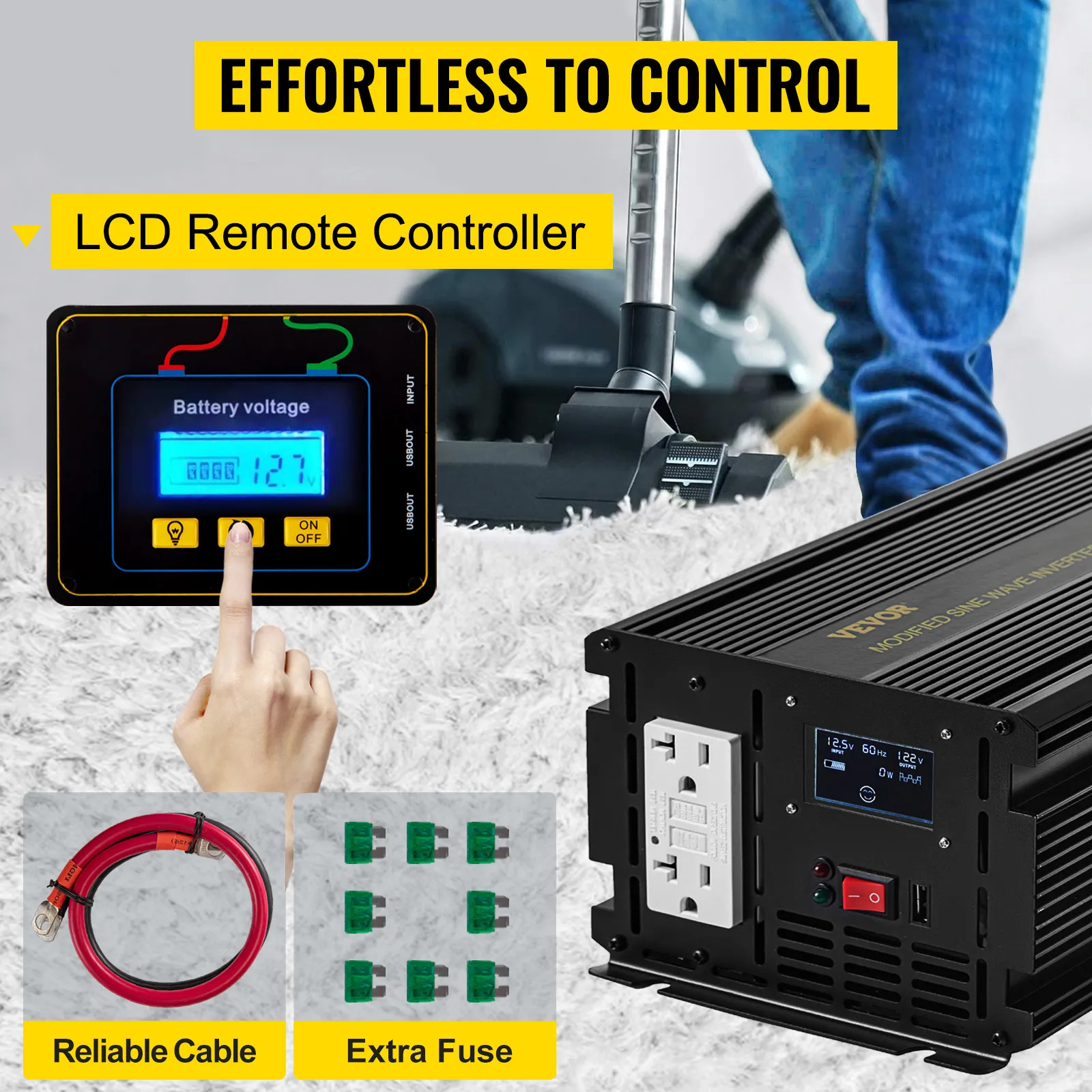 Inversor de corriente VEVOR 3000w con control remoto LCD, cable confiable y fusible adicional.