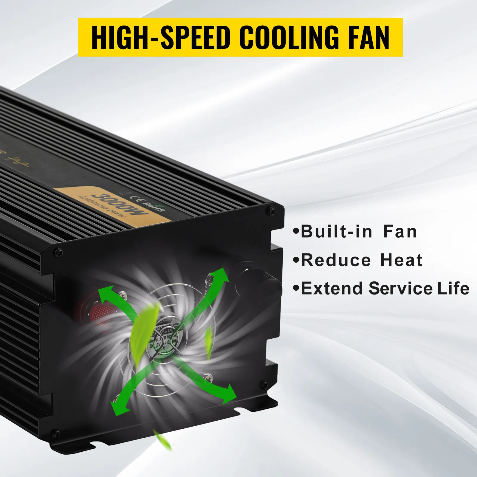 Inversor de corriente VEVOR 3000w con ventilador de enfriamiento de alta velocidad, integrado para reducción de calor.