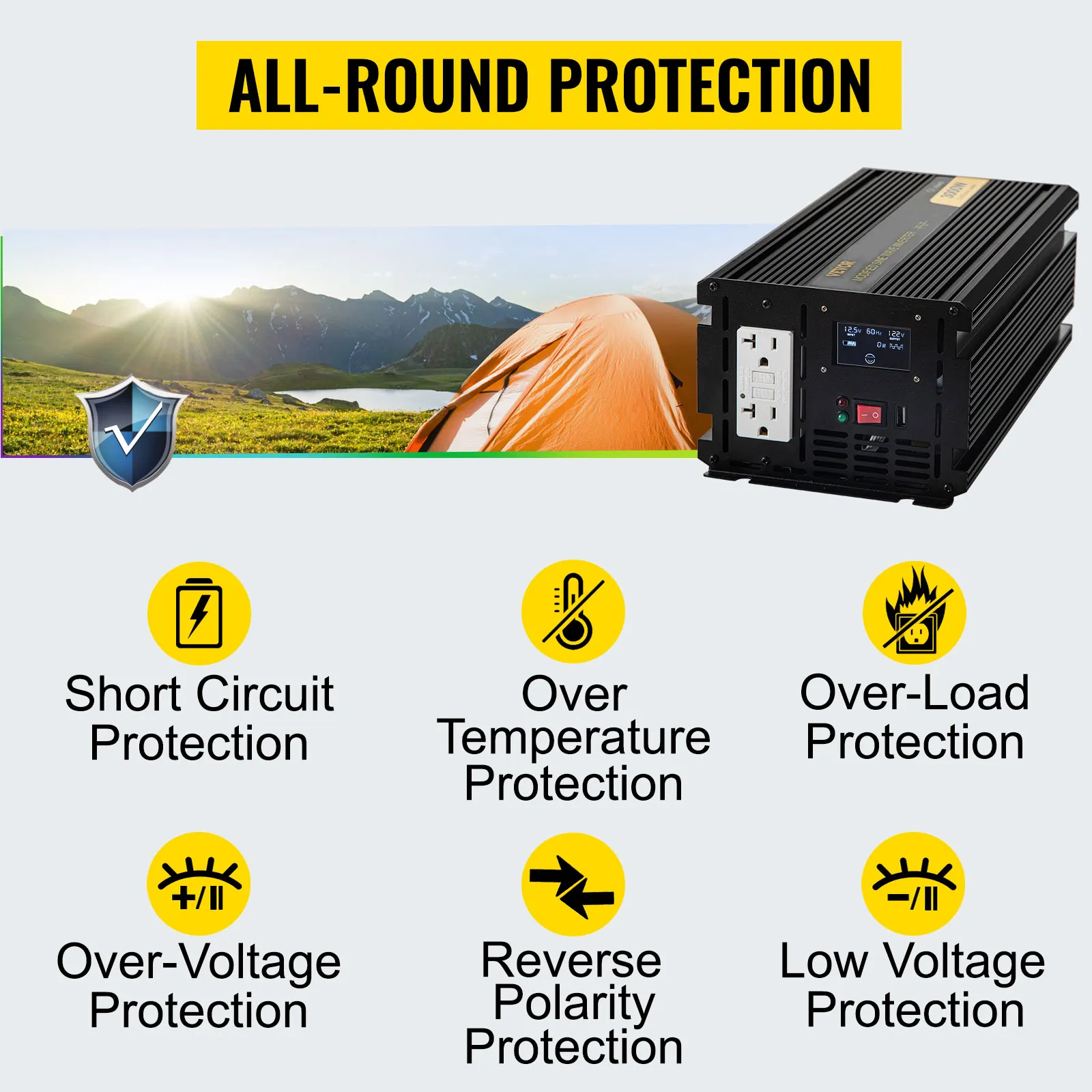 Inversor de corriente VEVOR 3000w con protección integral e indicadores de seguridad.
