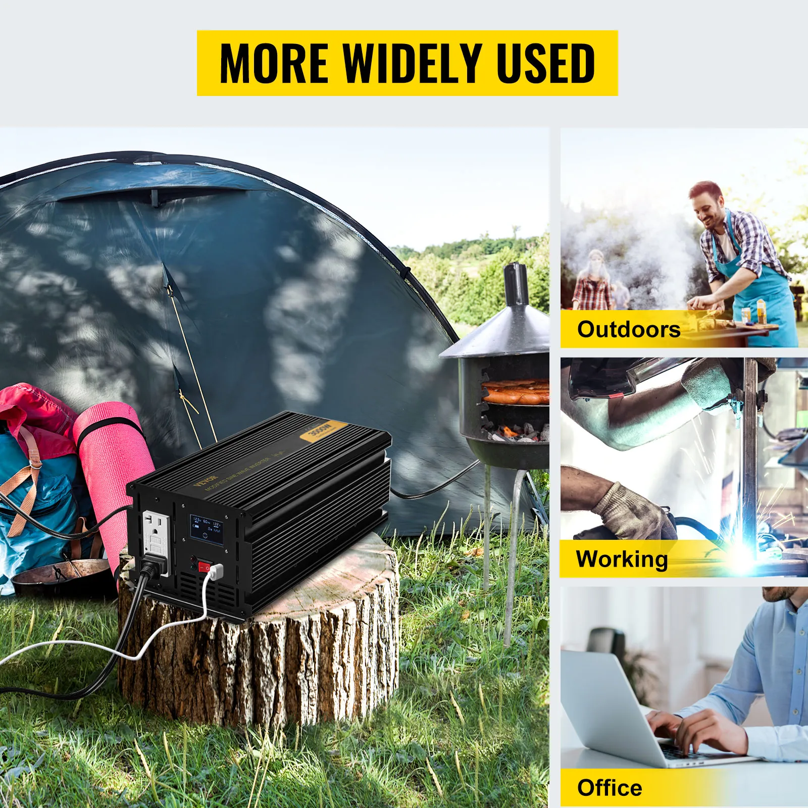 Inversor de corriente VEVOR 3000w utilizado mientras acampamos, soldamos y trabajamos en una oficina.