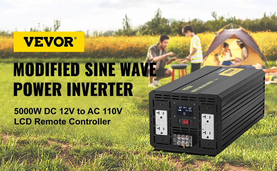 VEVOR power inverter 5000w with lcd controller in an outdoor camping setup.