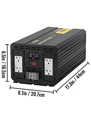 VEVOR power inverter with dual outlets, led display, and dimensions shown.
