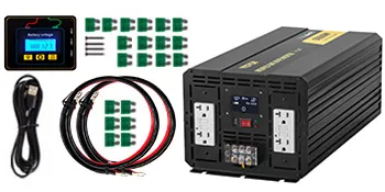 VEVOR power inverter with cables, fuses, and remote control display.