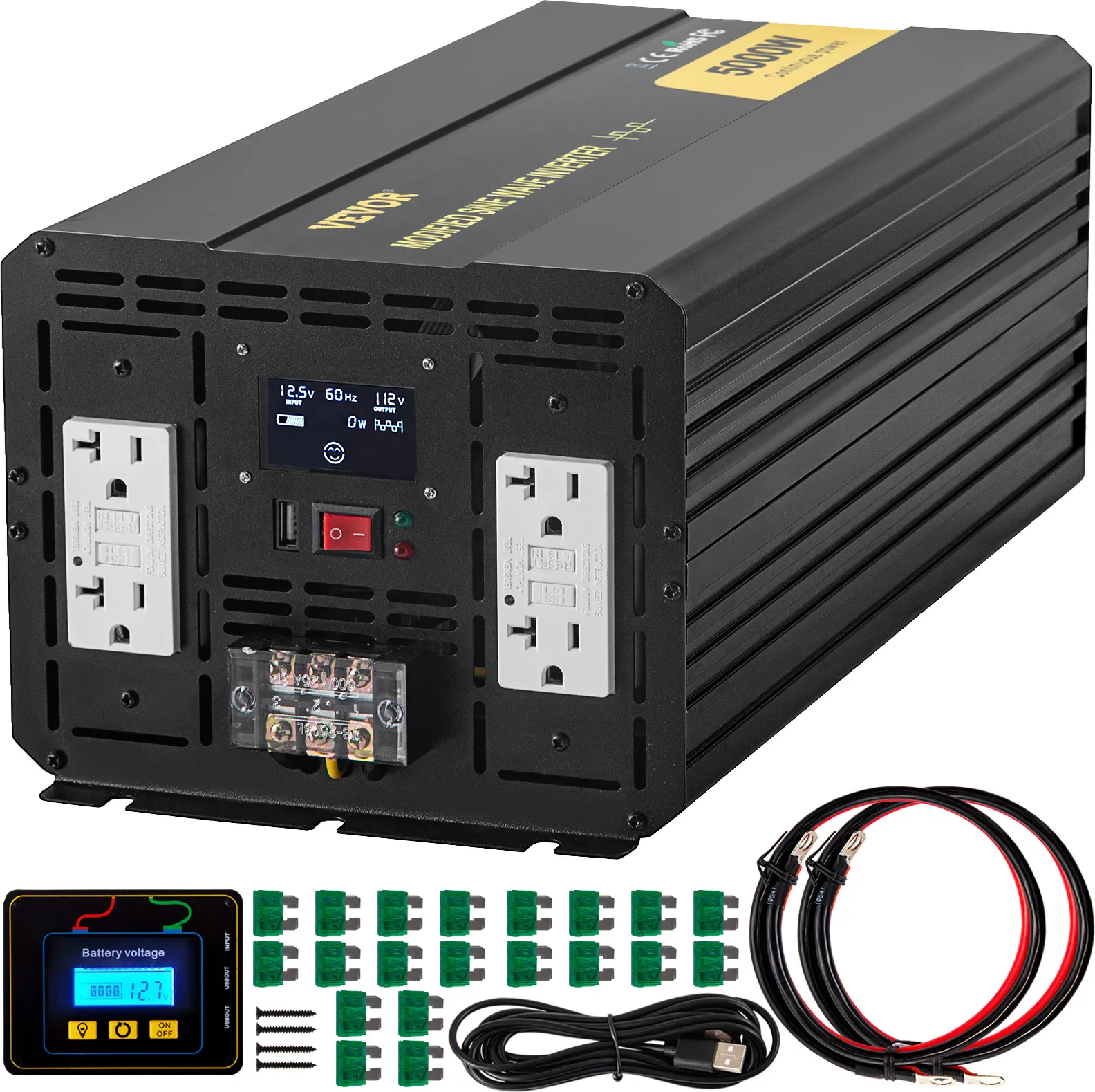 VEVOR power inverter 5000w with display and accessories including cables and fuses.