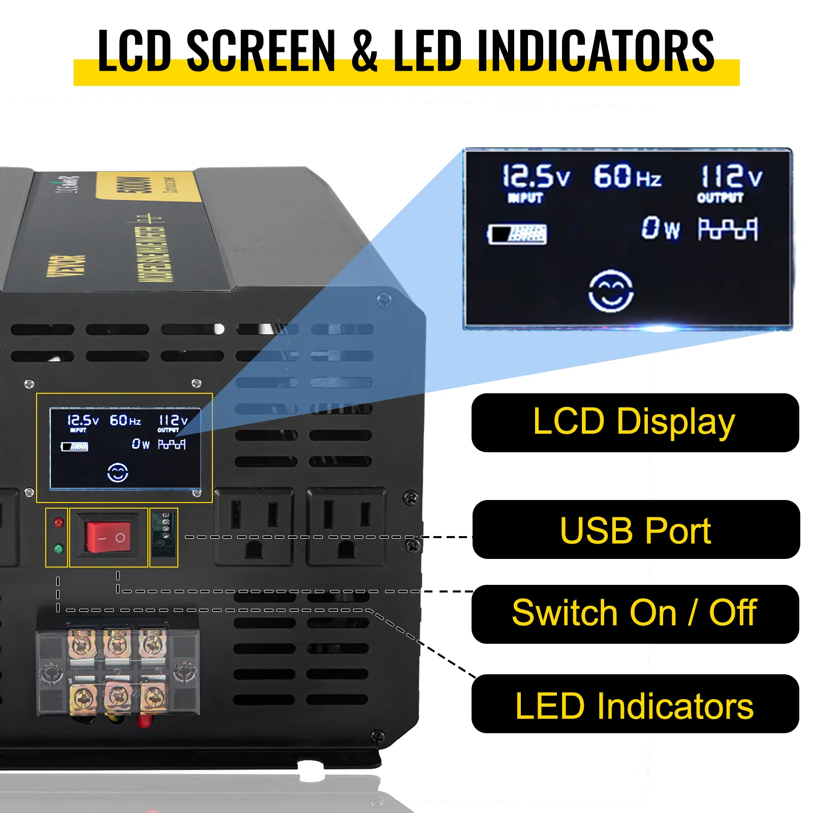 VEVOR power inverter with lcd display, led indicators, usb port, and switch on/off.