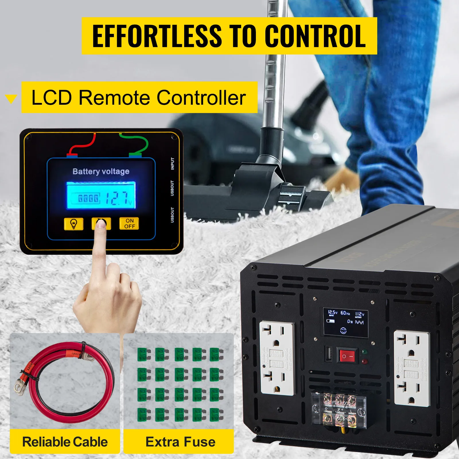 VEVOR power inverter with lcd remote, reliable cable, and extra fuse set.