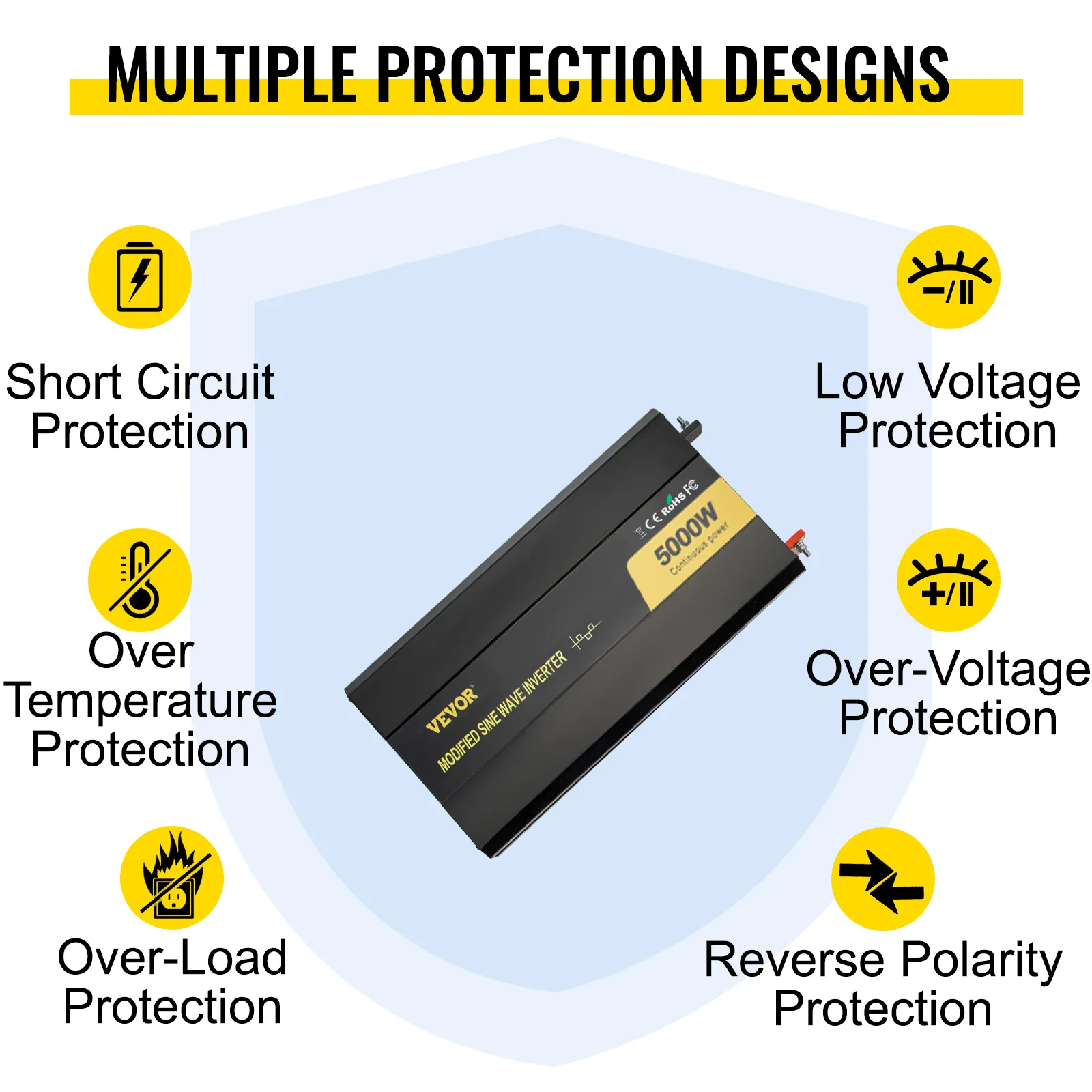 VEVOR power inverter with short circuit, low voltage, and over-temperature protection.