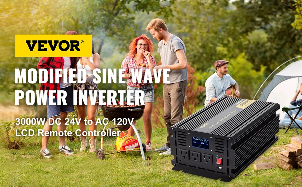 Inversor de corriente VEVOR 3000w en un entorno de acampada al aire libre con un grupo alrededor de una barbacoa.