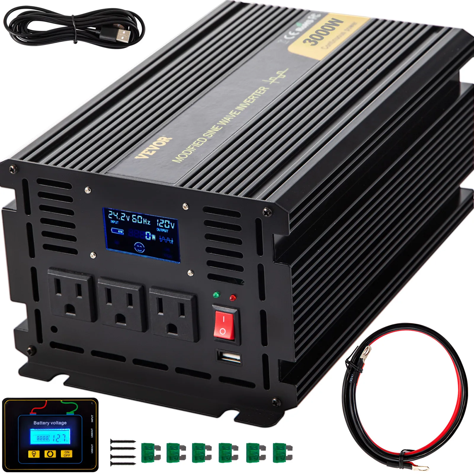 Inversor de corriente VEVOR 3000w con pantalla lcd, tres salidas, puerto usb y accesorios.