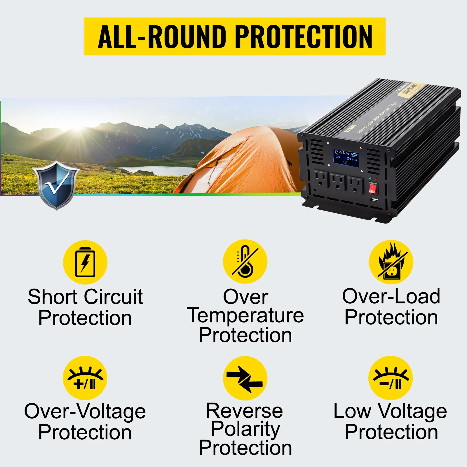 Inversor de corriente VEVOR 3000w con protección contra sobretensión, sobrecarga y temperatura.