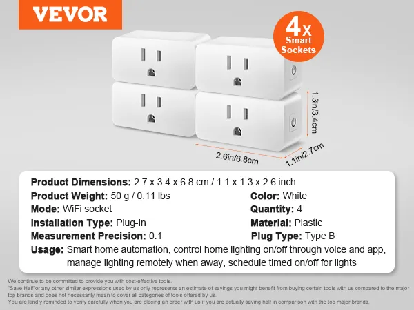 VEVOR smart plug wifi sockets, 4-pack, white, type b plug, for smart home automation and remote control.