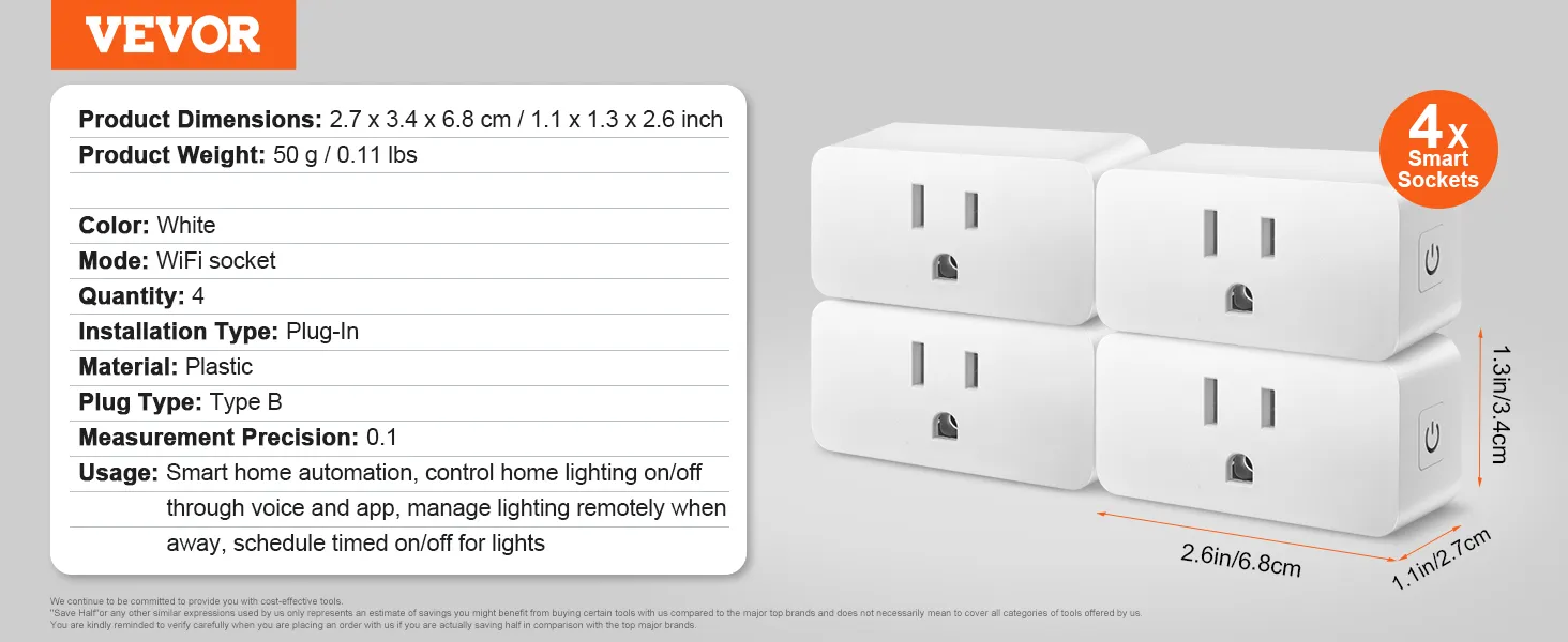 VEVOR smart plug wifi sockets, 4-pack, white, type b plug, for smart home automation and remote control.