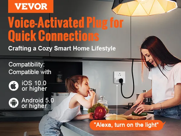 VEVOR smart plug for voice-activated smart home, compatible with ios and android. "alexa, turn on the light".