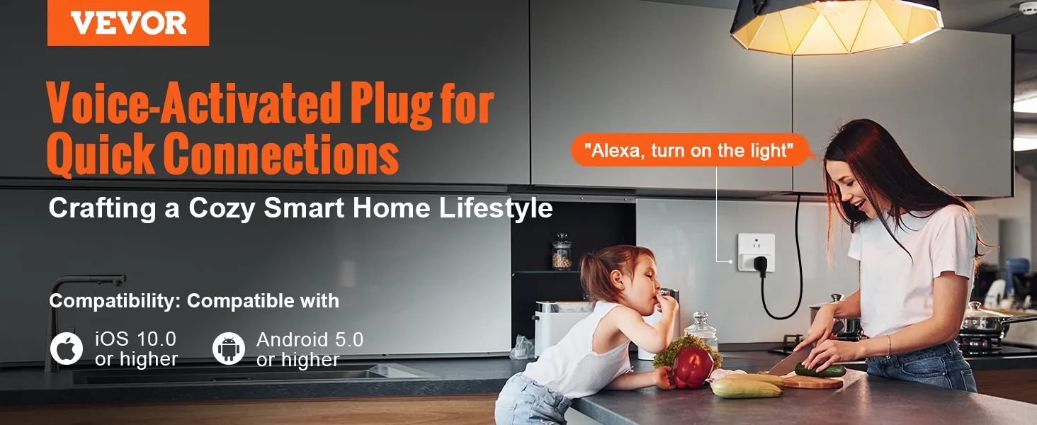 VEVOR smart plug for voice-activated smart home, compatible with ios and android. "alexa, turn on the light".