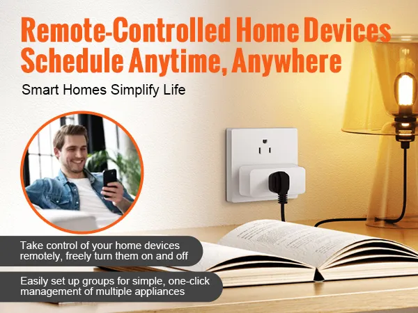 remote-controlled home devices for easy management using VEVOR smart plug next to a lit lamp and book.