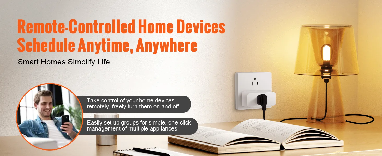 remote-controlled home devices for easy management using VEVOR smart plug next to a lit lamp and book.
