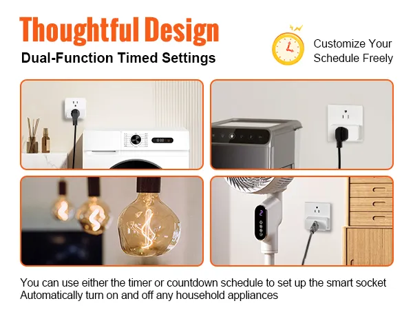 VEVOR smart plug with dual-function timed settings for washer, coffee maker, lamps, and fan.
