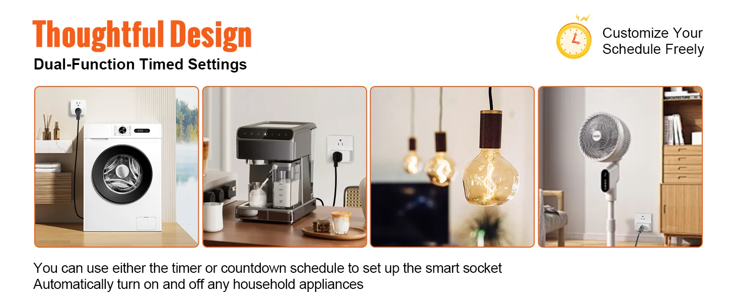 VEVOR smart plug with dual-function timed settings for washer, coffee maker, lamps, and fan.