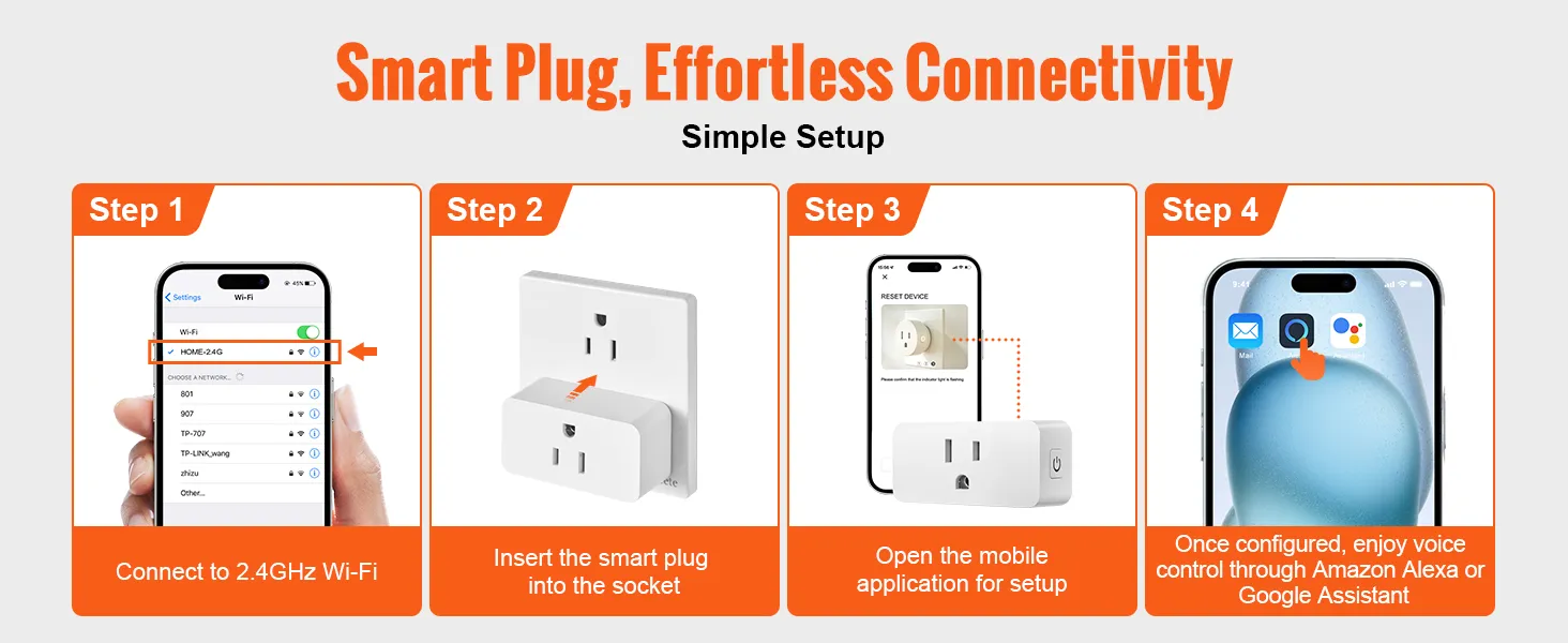 VEVOR smart plug setup guide showing connection to wi-fi, inserting plug, app configuration, voice control.