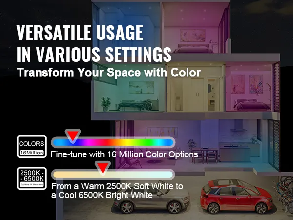 hand holding a phone displaying color settings for VEVOR smart light bulbs, illuminating a house in various colors.