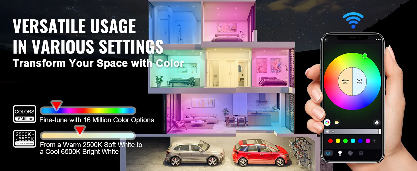 hand holding a phone displaying color settings for VEVOR smart light bulbs, illuminating a house in various colors.