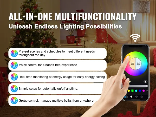 all-in-one multifunctionality with VEVOR smart light bulbs for pre-set scenes, voice control, energy monitoring.