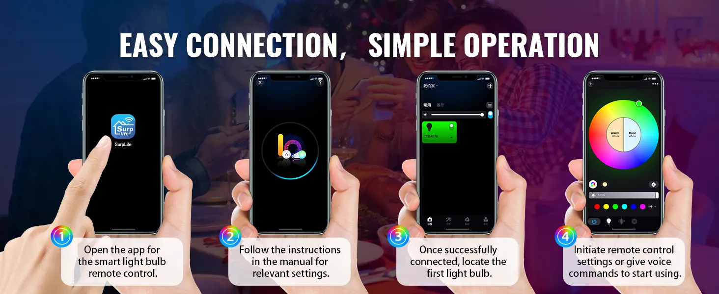 easy connection and simple operation for VEVOR smart light bulbs with app, voice commands, and manual.