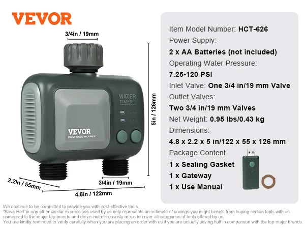 Especificaciones del temporizador de riego wifi VEVOR en exhibición con válvulas, puerta de enlace y junta de sellado.