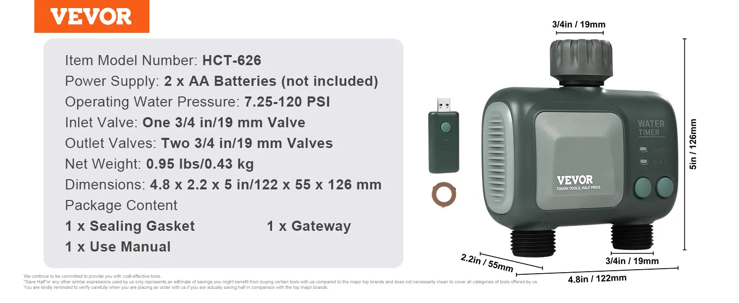 Especificaciones del temporizador de riego wifi VEVOR en exhibición con válvulas, puerta de enlace y junta de sellado.