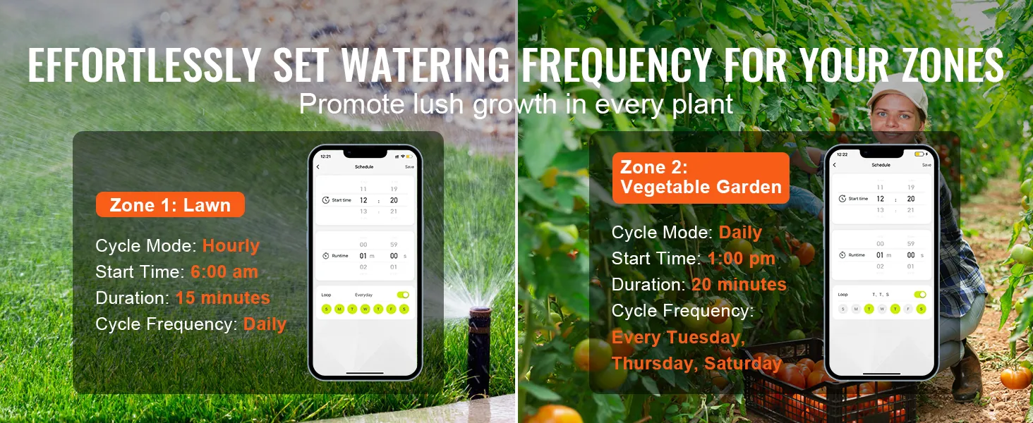 Establezca sin esfuerzo programas de riego con el temporizador de riego wifi VEVOR para zonas de césped y huerto.