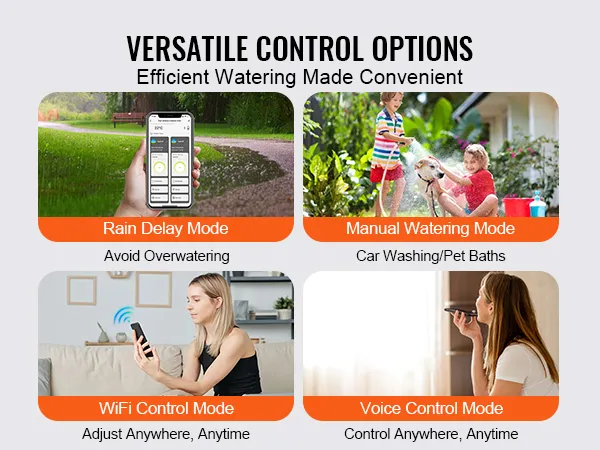 Temporizador de riego wifi VEVOR: retraso por lluvia, riego manual, wifi, opciones de control por voz para un uso eficiente.