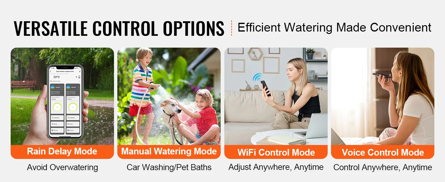 Temporizador de riego wifi VEVOR: retraso por lluvia, riego manual, wifi, opciones de control por voz para un uso eficiente.