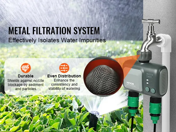 Temporizador de riego wifi VEVOR con filtración de metal para una distribución de agua duradera y uniforme en jardines.