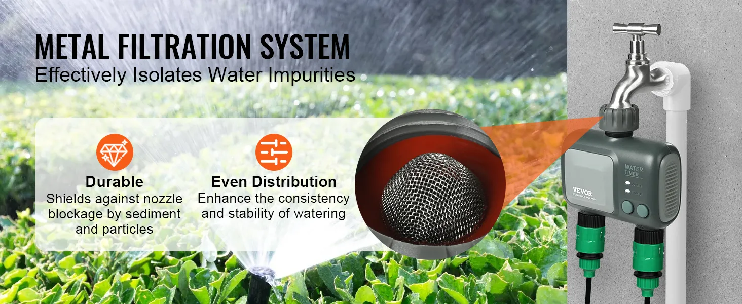 Temporizador de riego wifi VEVOR con filtración de metal para una distribución de agua duradera y uniforme en jardines.