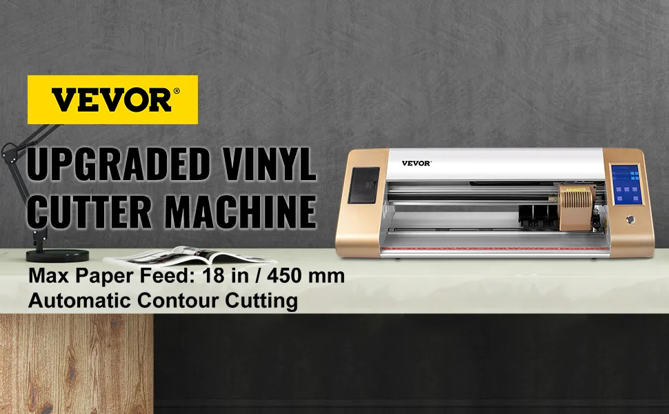 VEVOR vinyl cutter on a desk with text details on max paper feed and contour cutting.