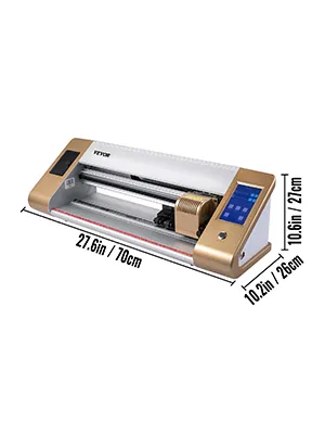 VEVOR vinyl cutter, 27.6in/70cm width, 10.2in/26cm depth, 10.6in/27cm height.