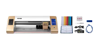VEVOR vinyl cutter with accessories, colorful vinyl sheets, cables, and tools.