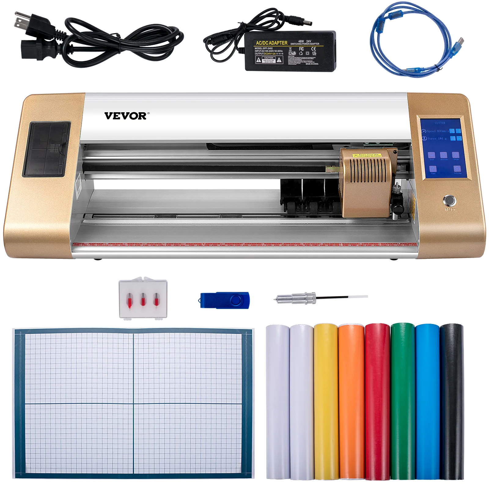 VEVOR vinyl cutter with accessories, colored vinyl rolls, cutting mat, and power cables.