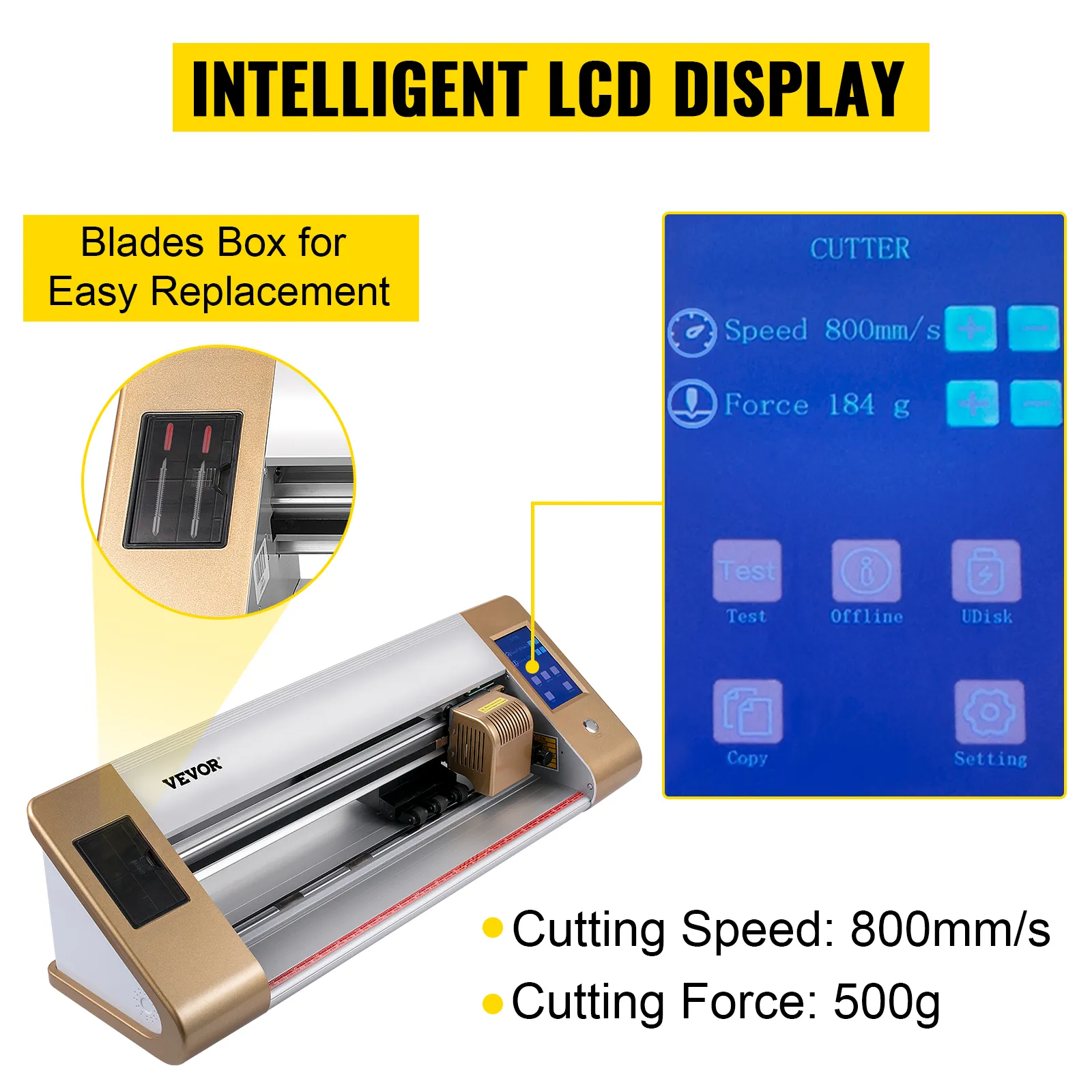 VEVOR vinyl cutter with intelligent lcd display and blades box for easy replacement.