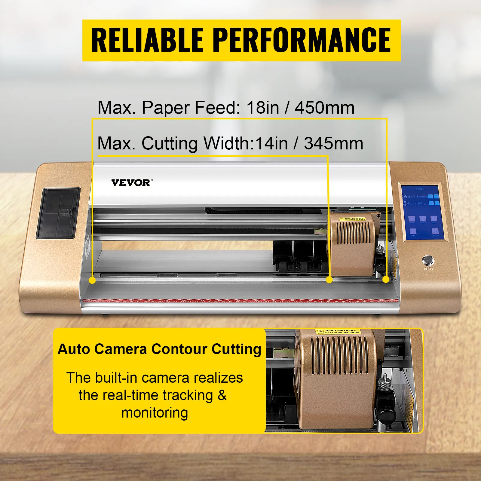 VEVOR vinyl cutter with 18in paper feed, 14in cutting width, and auto camera contour cutting.