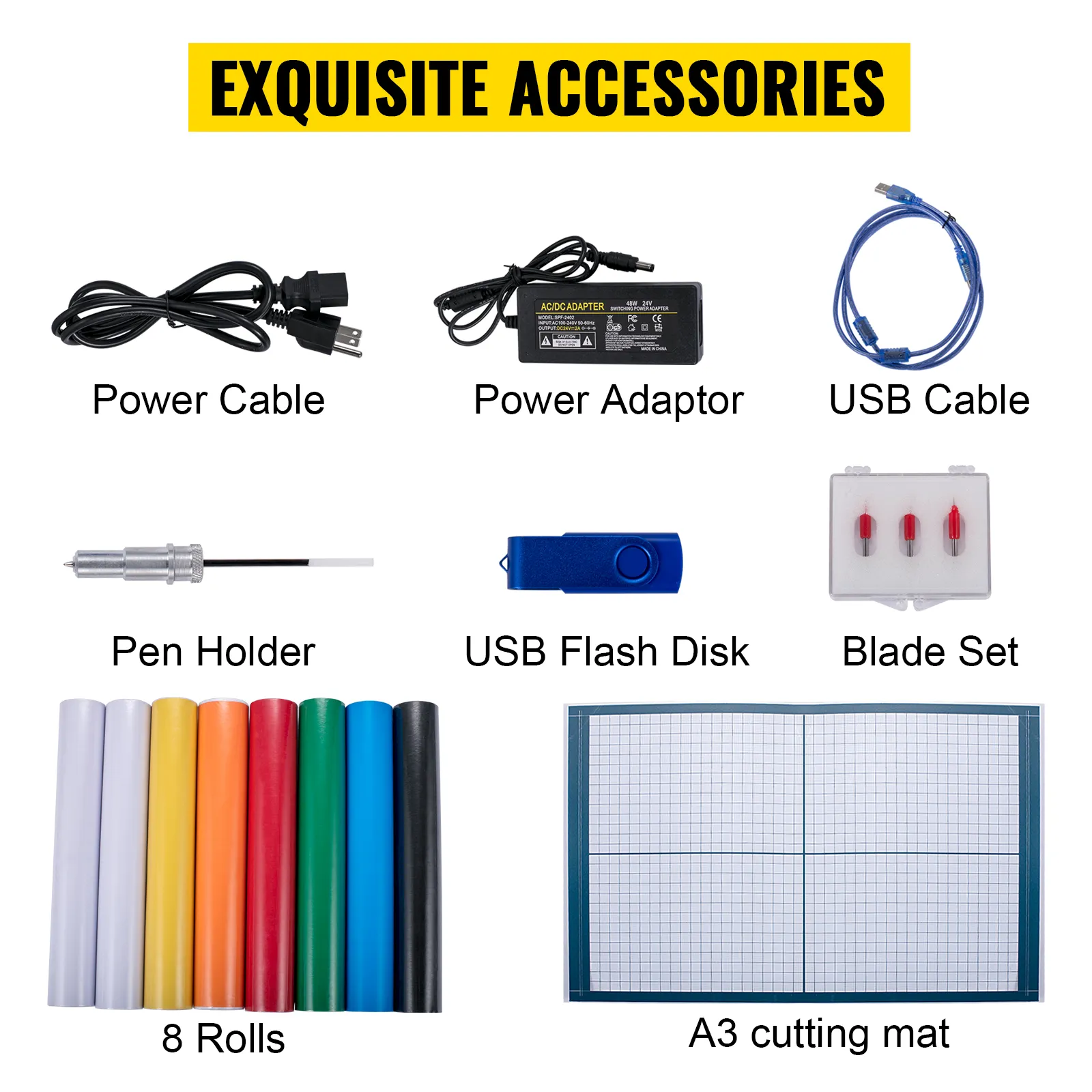 VEVOR vinyl cutter accessories with power adaptor, usb cable, blade set, and cutting mat.