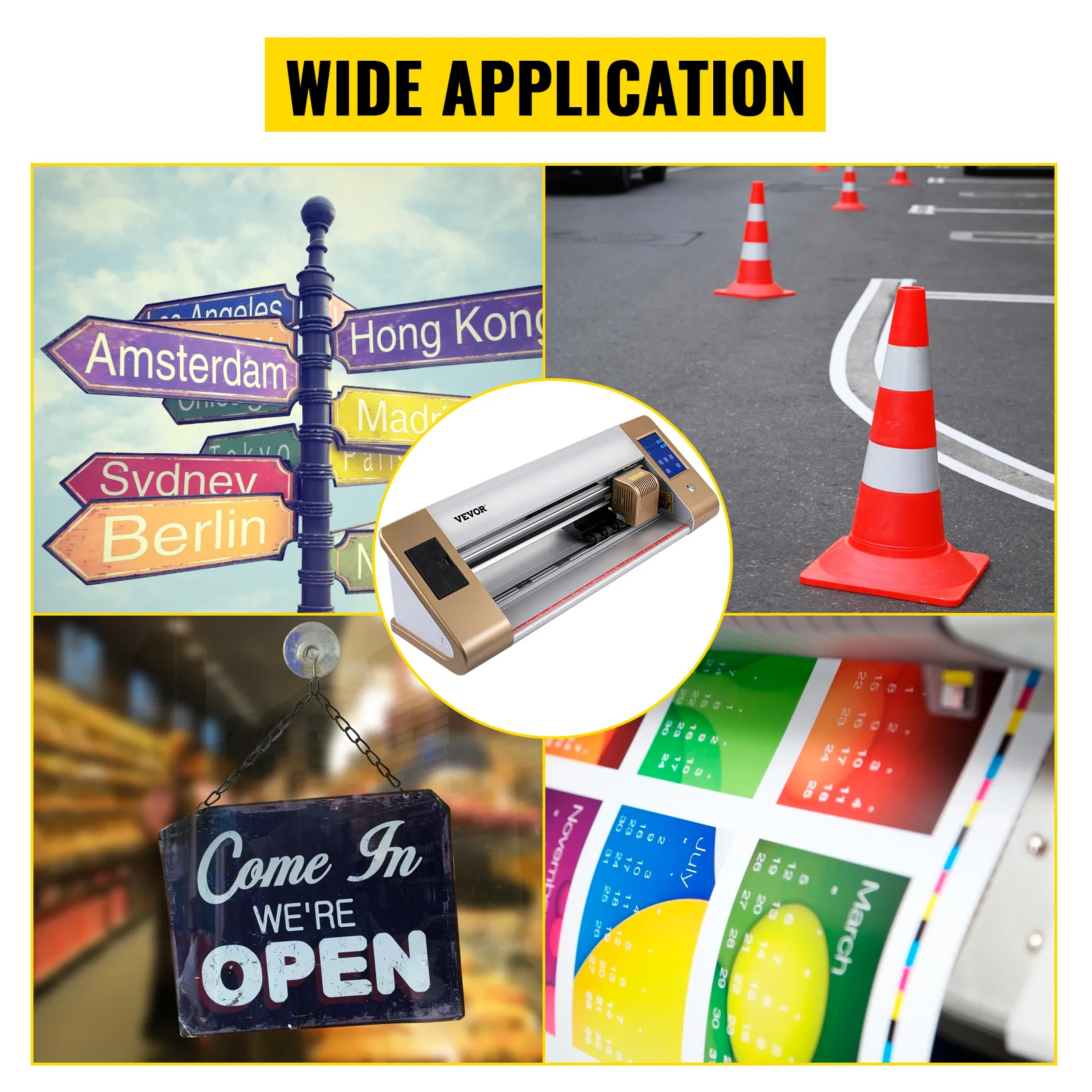 VEVOR vinyl cutter showcasing wide applications with signs, traffic cones, and prints.